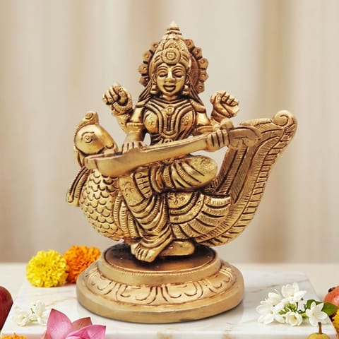 Brass Showpiece Saraswati On Peacock  God Idol Statue - 4*2.7*4.5 Inch (BS1637 S)