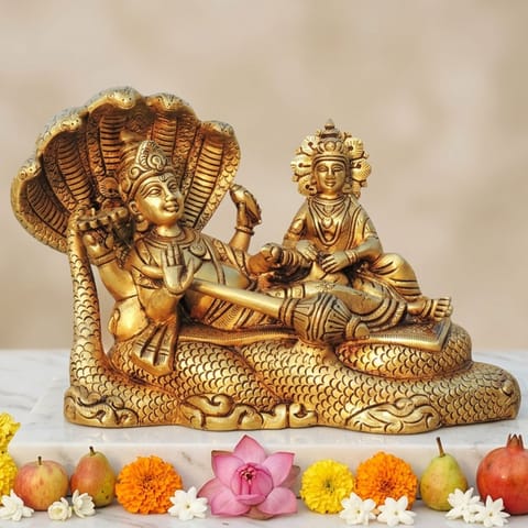 Brass Showpiece Vishnu & Laxmi Ji God Idol Statue - 9.5*4.5*7 Inch (BS842 P)