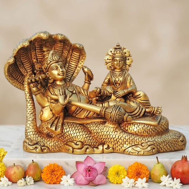 Brass Showpiece Vishnu & Laxmi Ji God Idol Statue - 9.5*4.5*7 Inch (BS842 P)