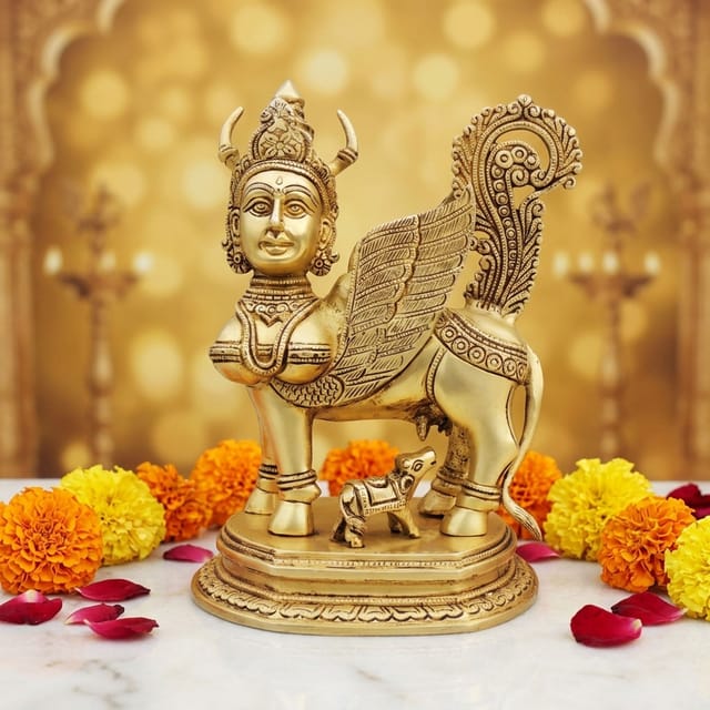Brass Showpiece Kamdhenu Cow God Idol Statue - 7.2*6*10 Inch (BS1498 Y)