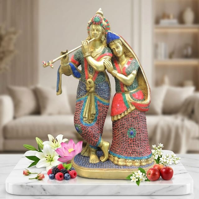 Brass Showpiece Radha Krishna God Idol Statue - 14*7*23 Inch (BS399 P)