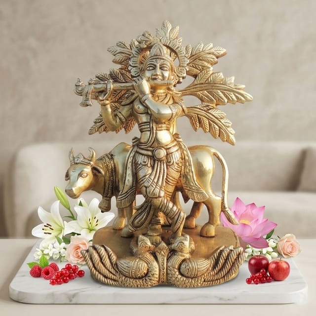 Brass Showpiece Cow Krishna God Idol Statue - 6*4*8.7 Inch (BS1692 E)