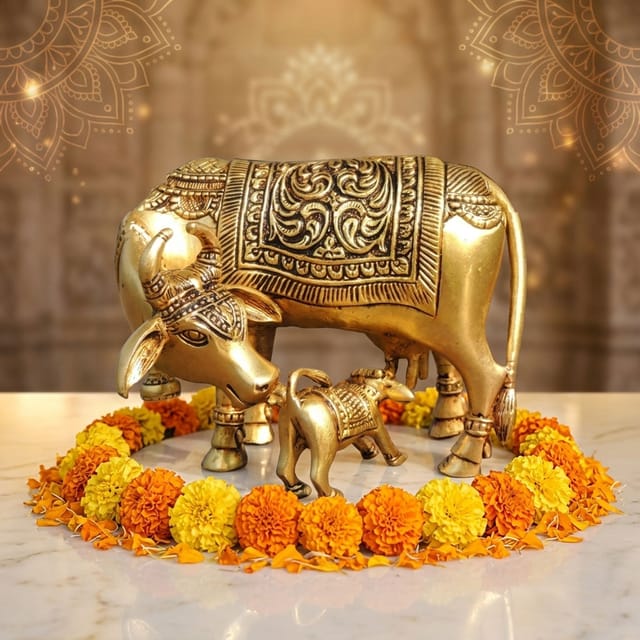 Brass Showpiece Cow With Calf God Idol Statue - 5*2.5*4 Inch (BS1771 D)
