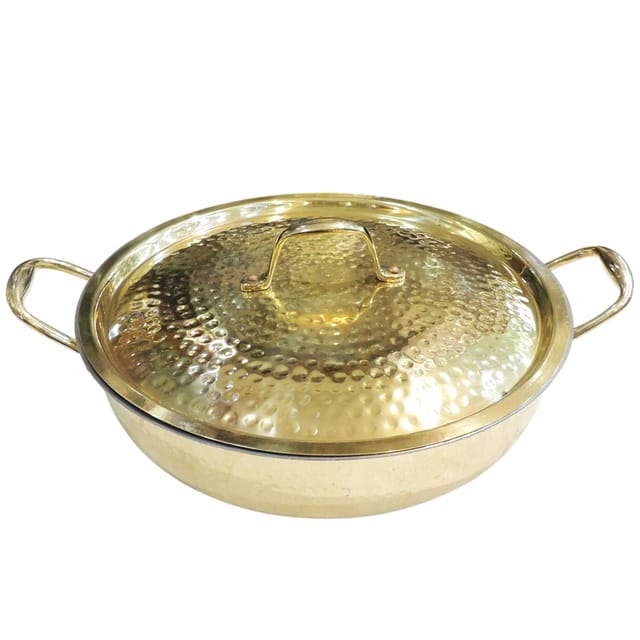 Brass Kadhai with Handle | Heavy Duty Pure Brass Wok for Frying & Traditional Indian Cooking, Capacity : 4 Liter (BC206 D)