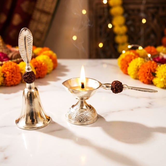 Aluminium Decorative Bell With Deepak, Diwali Gifting Item (AT081 C)