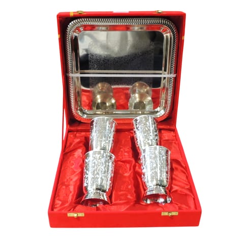 Brass Decorative 4 Pieces Glass Set With Tray, Packed With Velvet Box (B049)