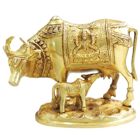 Brass Cow & Calf Showpiece Statue for Home Decor & Vastu - 8*4*6.5 Inch (BS1013 C)
