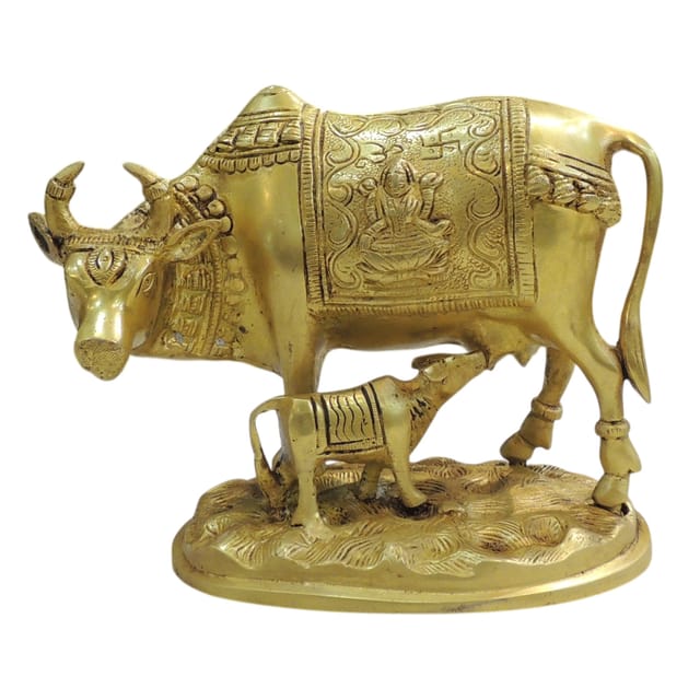 Brass Cow with Calf Showpiece Statue for Home Decor & Vastu - 8.5*4*6.5 Inch (BS1939 C)