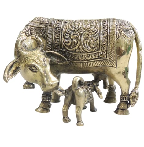 Brass Cow & Calf Idol Statue - Compact Home Decor Piece - 4.5*4.5*3.2 Inch (BS1771 C)