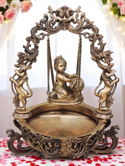 Urli With Decoration Brass Made Baby Krishna On Swing Figure Home Office Table Decor Decorative Urli - 15.5*14.7*21.5 inch (BS012 M)