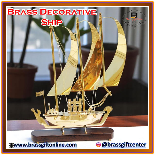 Brass Table Decor Showpiece Ship With Wooden Base - 13.5*3*19 inch (MR129 C)