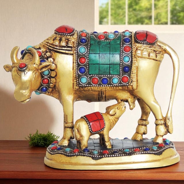 Brass Showpiece Gaye Bachdha Stone Statue - 5*3.5*5.5 inch (BS210)