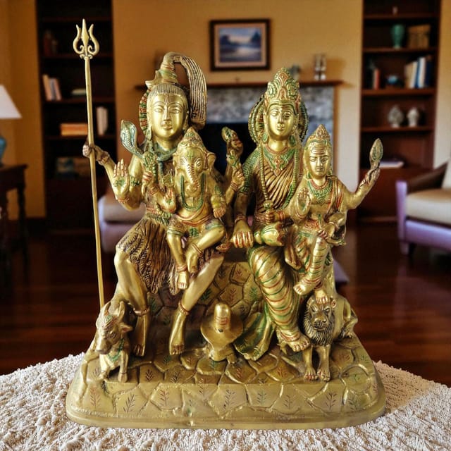 Brass Showpiece Shiv Parivaar On Hill Colour Idol Statue  - 12*6.5*12 inch (BS126)