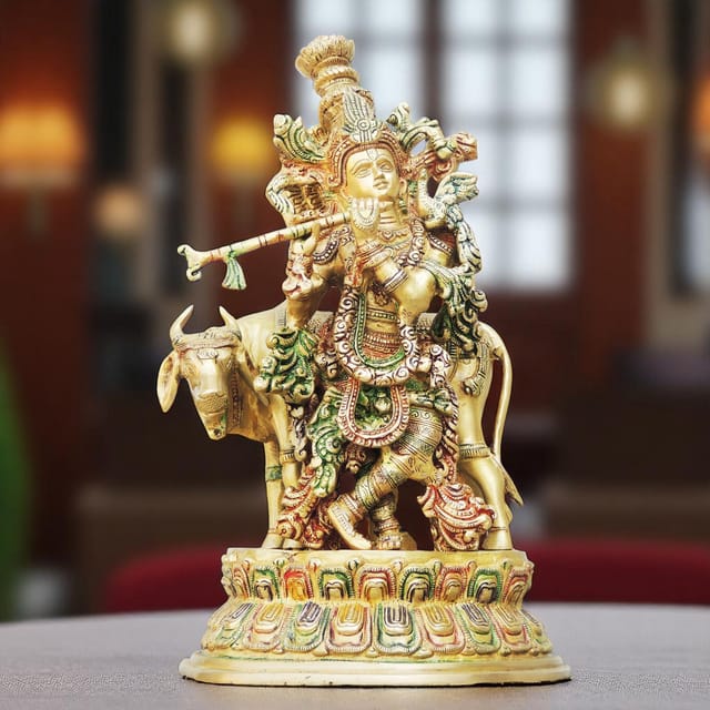 Brass Krishna with Cow Big Idol-8.5*6.8*14.5 (BS690 C)