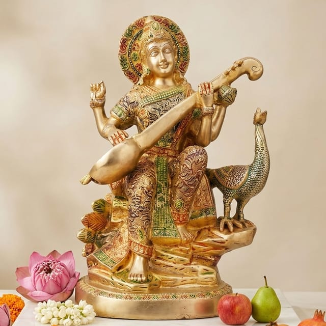Brass Showpiece Saraswati Colour Statue - 9.2*7.3*15.5 Inch (BS930 A)