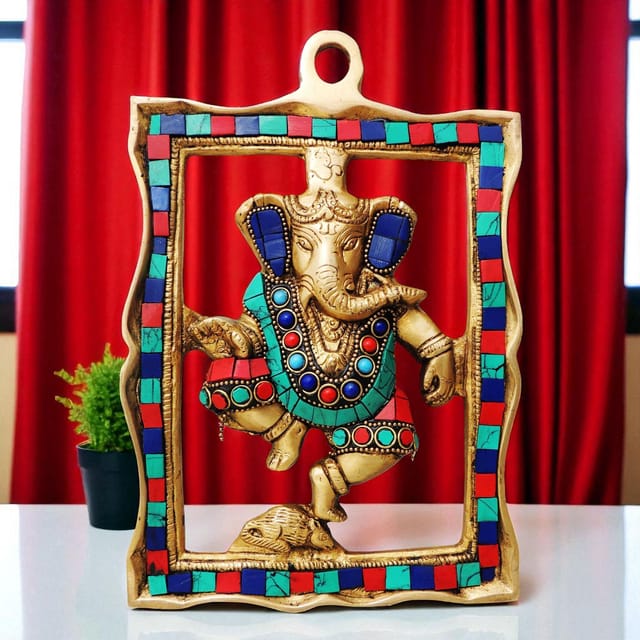 Brass Wall Hanging Showpiece Ganesh Statue With Coral Stone Finish - 6*0.5*9 Inch (BS838 A)