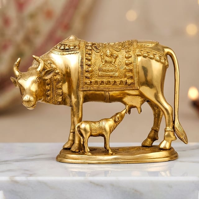 Brass Showpiece Cow With Calf Statue - 14*8*10 Inch (BS805 A)