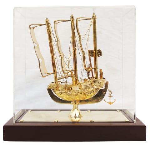 Brass Decorative Showpiece Ship Covered With Box, Wooden Base - 9*4*8.5 Inch (MR238 A)