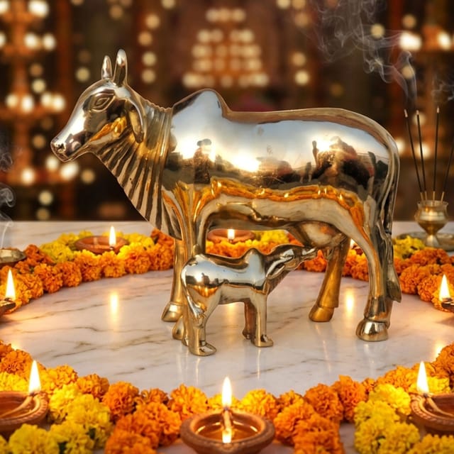 Brass Showpiece Cow & Calf, Piggy Bank Statue - 9.5*3.5*8 Inch (BS1789 F)
