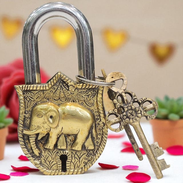Brass Showpiece Lock Elephant Small  God Idol Statue - 2.5*1*4.5 Inch (BS1486 G)
