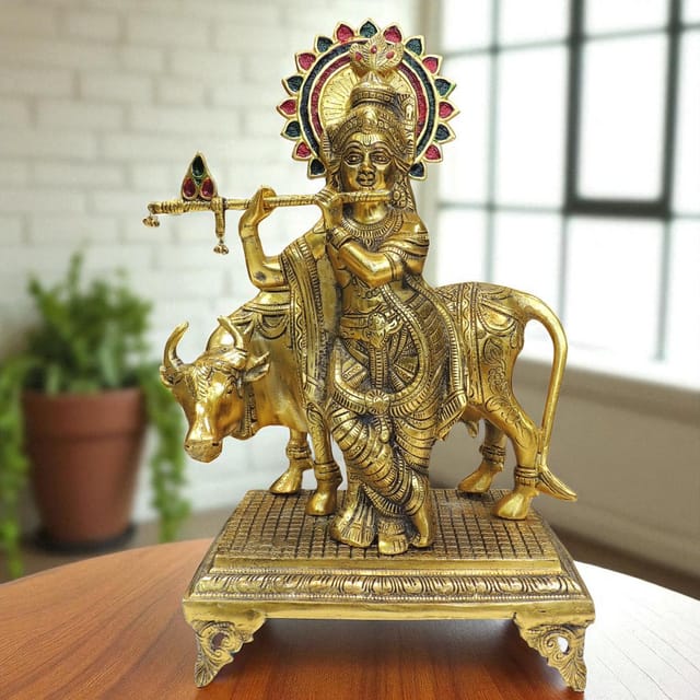 Aluminium Showpiece Cow Krishna - 12.5*8*20 Inch (AS448 G)