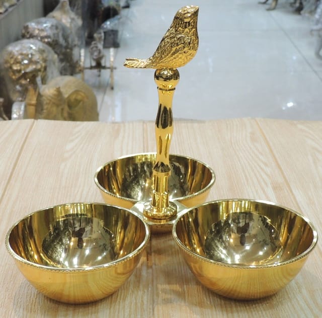 Brass Showpiece 3 Bowl Holder With Bird Diwali Gifting Item - 7.5*7.5*7 Inch (B312 A)