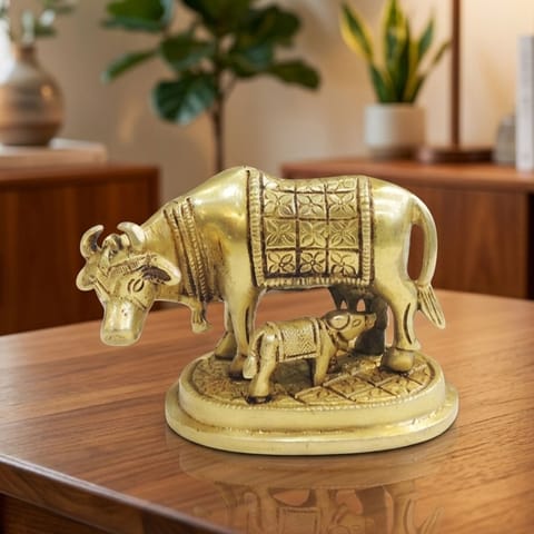 Brass Showpiece Cow & Calf Statue - 4*2.2*3 Inch (BS889 W)