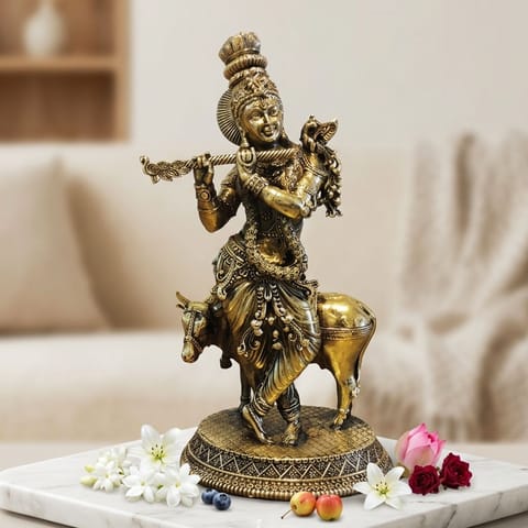 Brass Showpiece Cow Krishna Statue - 4*3.5*8 Inch (BS1753 F)