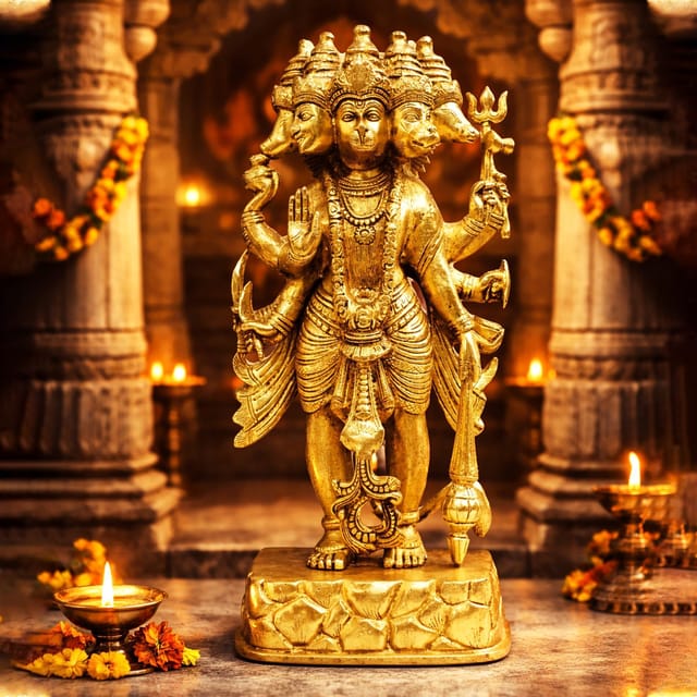Brass Showpiece Standing Panchmukhi Hanuman Ji God Idol Statue - 7.5*5*18 Inch (BS1039 P)