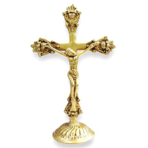 Brass Cross with Jesus Statue for Home Prayer Room & Gifting - 7.2*3.5*11 Inch (BS1940 C)