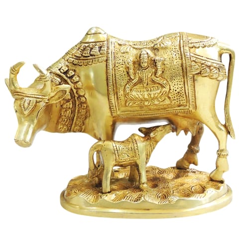 Brass Cow & Calf Showpiece Statue for Home Decor & Vastu - 8*4*6.5 Inch (BS1013 C)