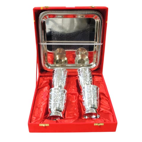 Brass Decorative 4 Pieces Glass Set With Tray, Packed With Velvet Box (B049)