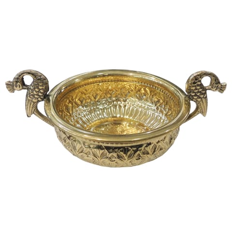 Brass Peacock Design Urli Bowl - Decorative Diwali Gift Item - 9.2*6*3.5 Inch (AT091 B)