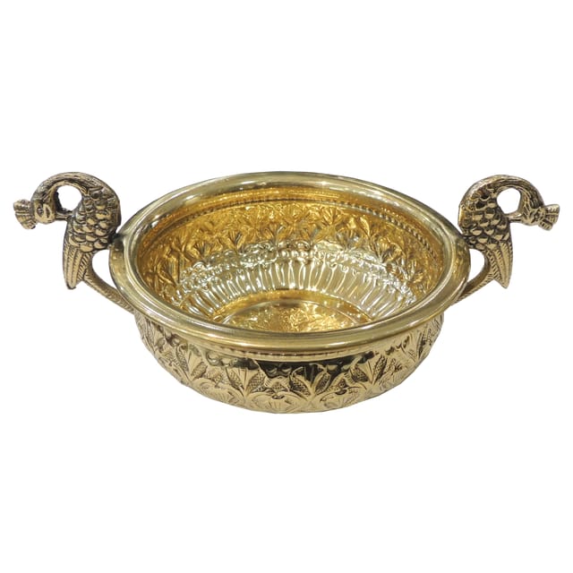 Brass Peacock Design Urli Bowl - Decorative Diwali Gift Item - 9.2*6*3.5 Inch (AT091 B)