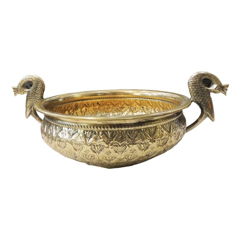 Brass Peacock Design Urli Bowl - Large Decorative Diwali Gift - 14.5*10*5.5 Inch (AT091 D)