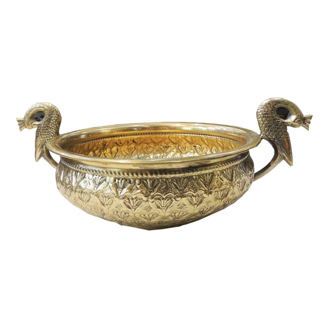 Brass Peacock Design Urli Bowl - Large Decorative Diwali Gift - 14.5*10*5.5 Inch (AT091 D)