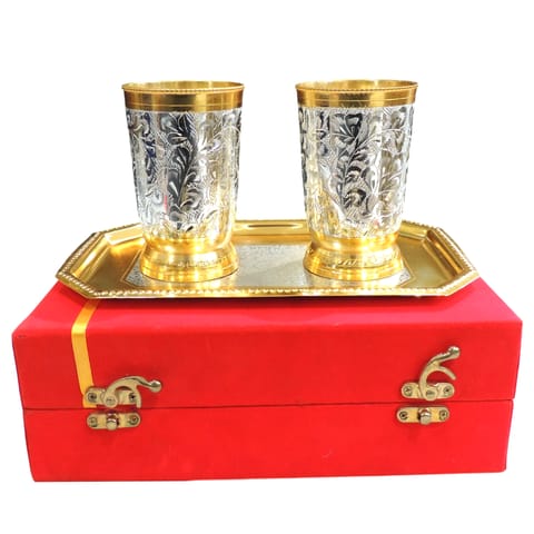 Brass Decorative Serving 2 Glass Set With Tray, Packed With Velvet Box - Diwali Gift Item (B178)