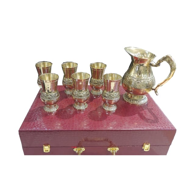 Brass Decorative 6 Glass Set With Jug, Packed With Royal Box Packaging (B315 A)