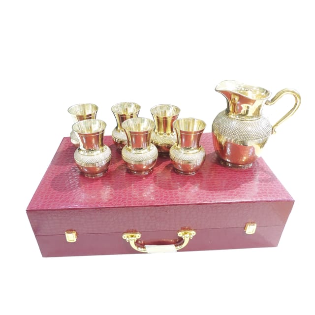 Brass Decorative 6 Glass Set With Jug, Packed With Royal Box Packaging (B315 B)