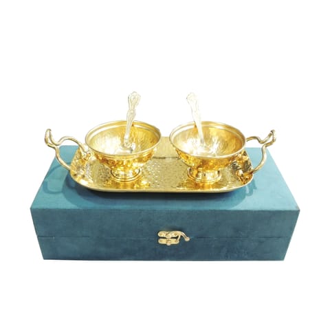 Brass Decorative 2 Bowl Set With Tray Packed With Velvet Box (B317 A)