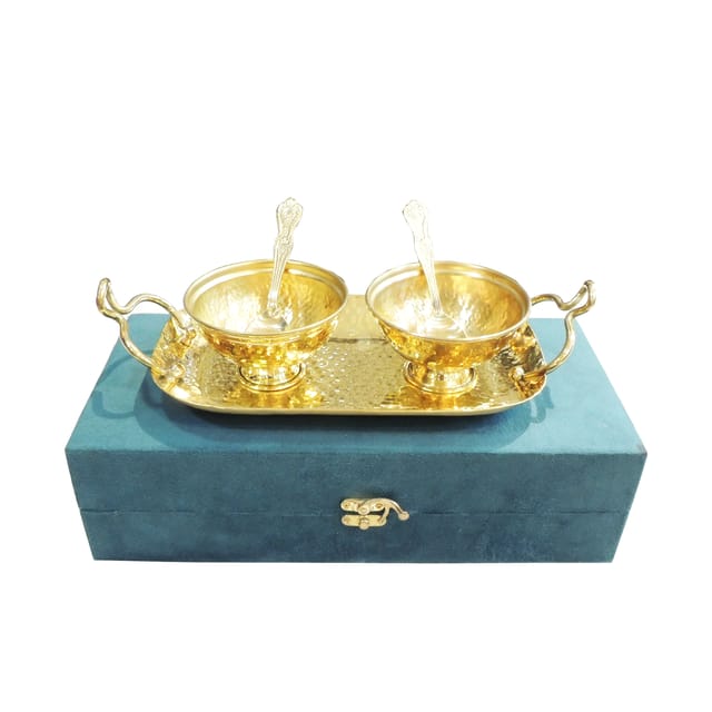 Brass Decorative 2 Bowl Set With Tray Packed With Velvet Box (B317 A)