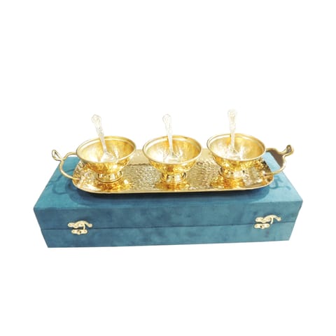 Brass Decorative 3 Bowl Set With Tray Packed With Velvet Box (B317 B)