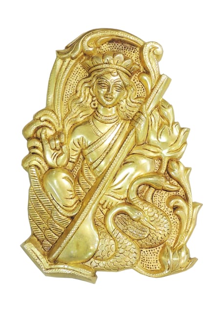 Brass Saraswati Ji Wall Hanging Plate - Goddess Idol Decor - 8*1*10.5 Inch (BS1954 F)
