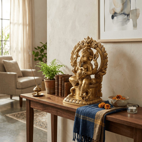 Brass Ganesh Ji With Frame Idol - Wall Hanging Showpiece - 12.5*7.5*17 Inch (BS1951 D)